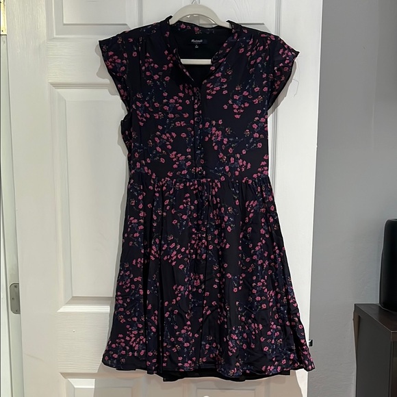 Madewell 100% Silk Navy Blue Dress with Pink Floral Accents - Picture 2 of 7
